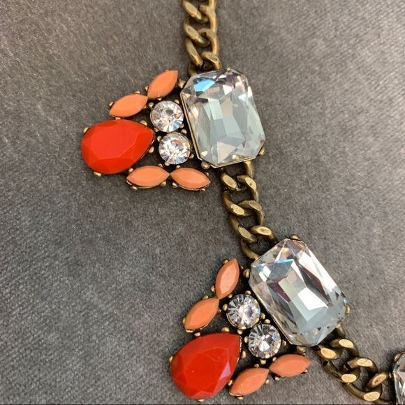 J.crew coral red pink peach clear gem jewelled gold-tone chain link necklace - Picture 5 of 10